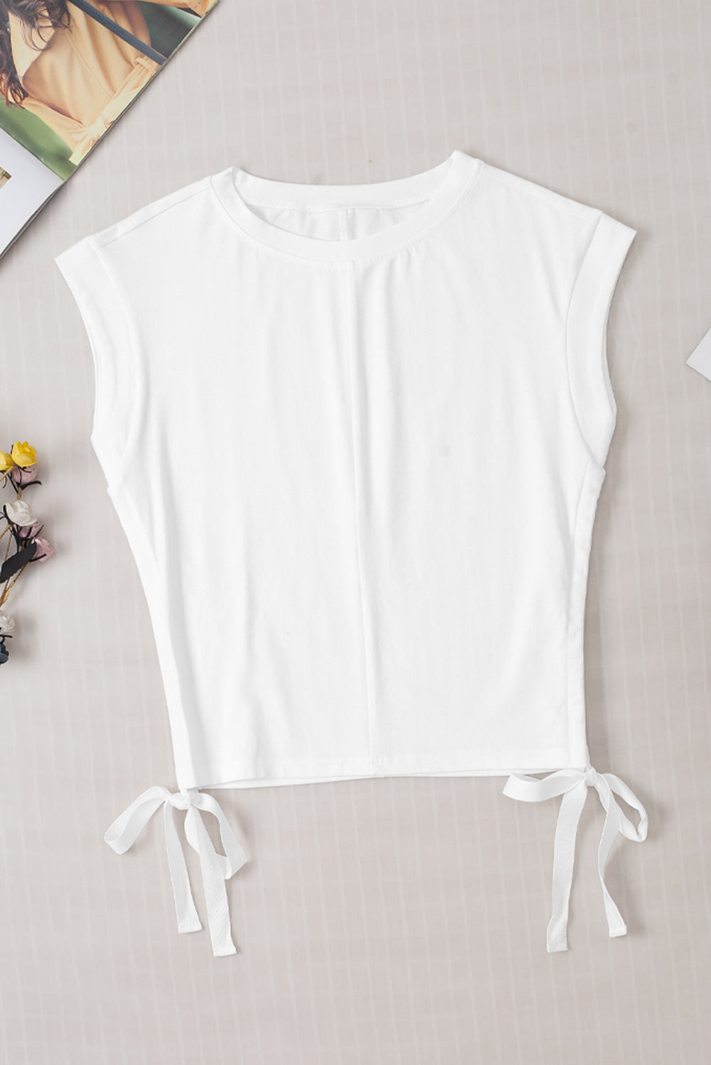 White Side tie Short Sleeve Crew Neck Top