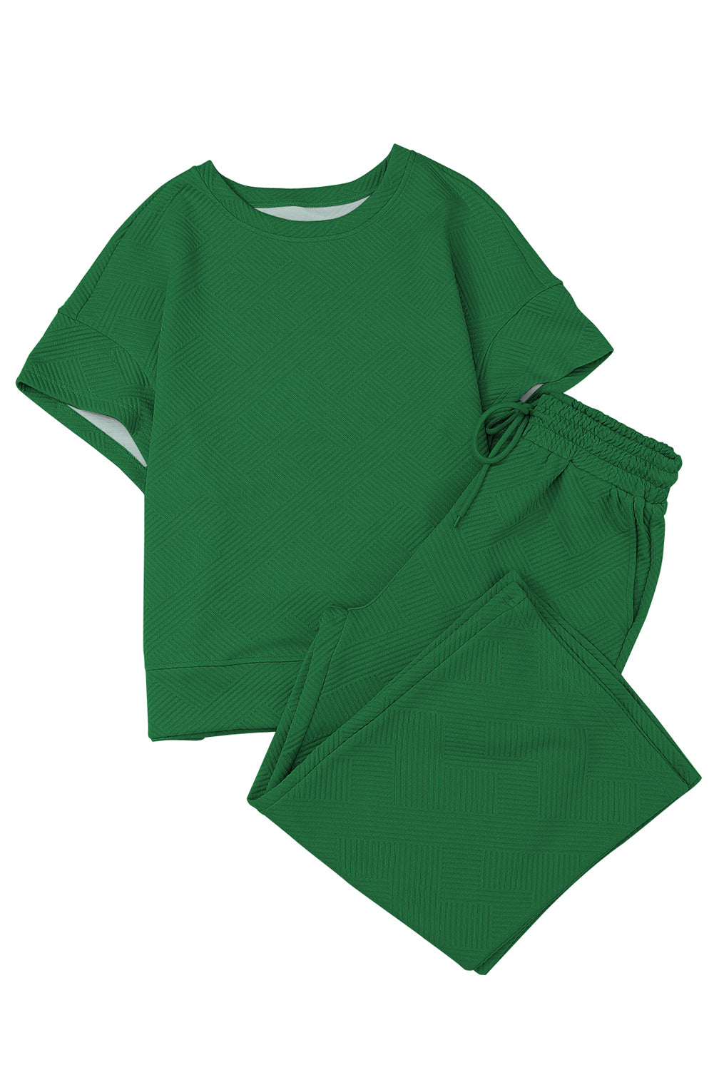 Dark Green Textured Loose Fit T Shirt and Pants Set