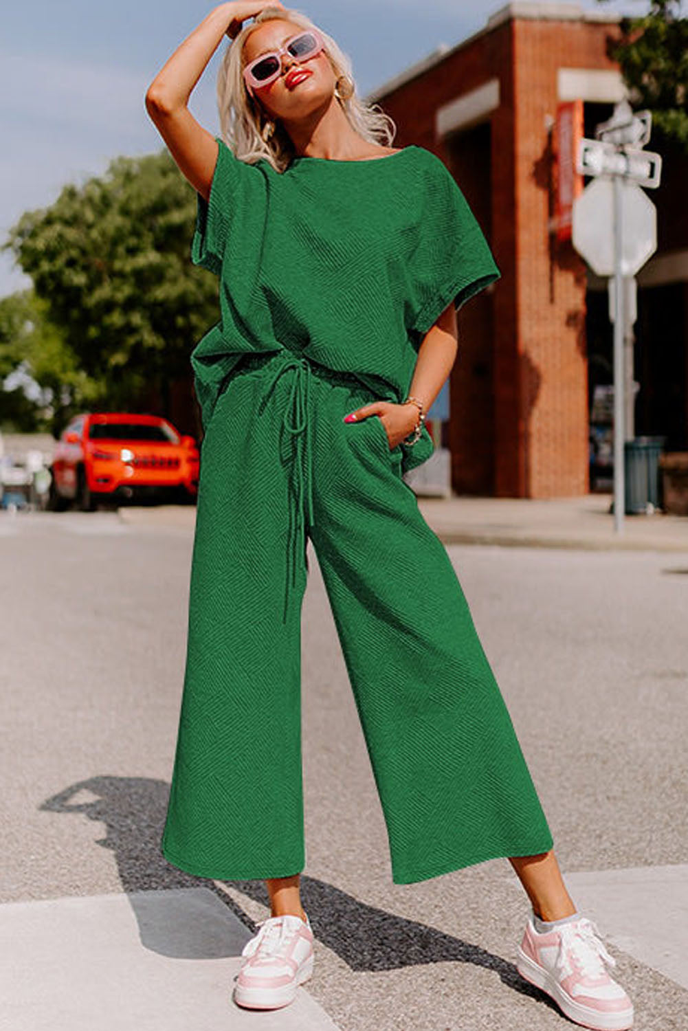 Dark Green Textured Loose Fit T Shirt and Pants Set