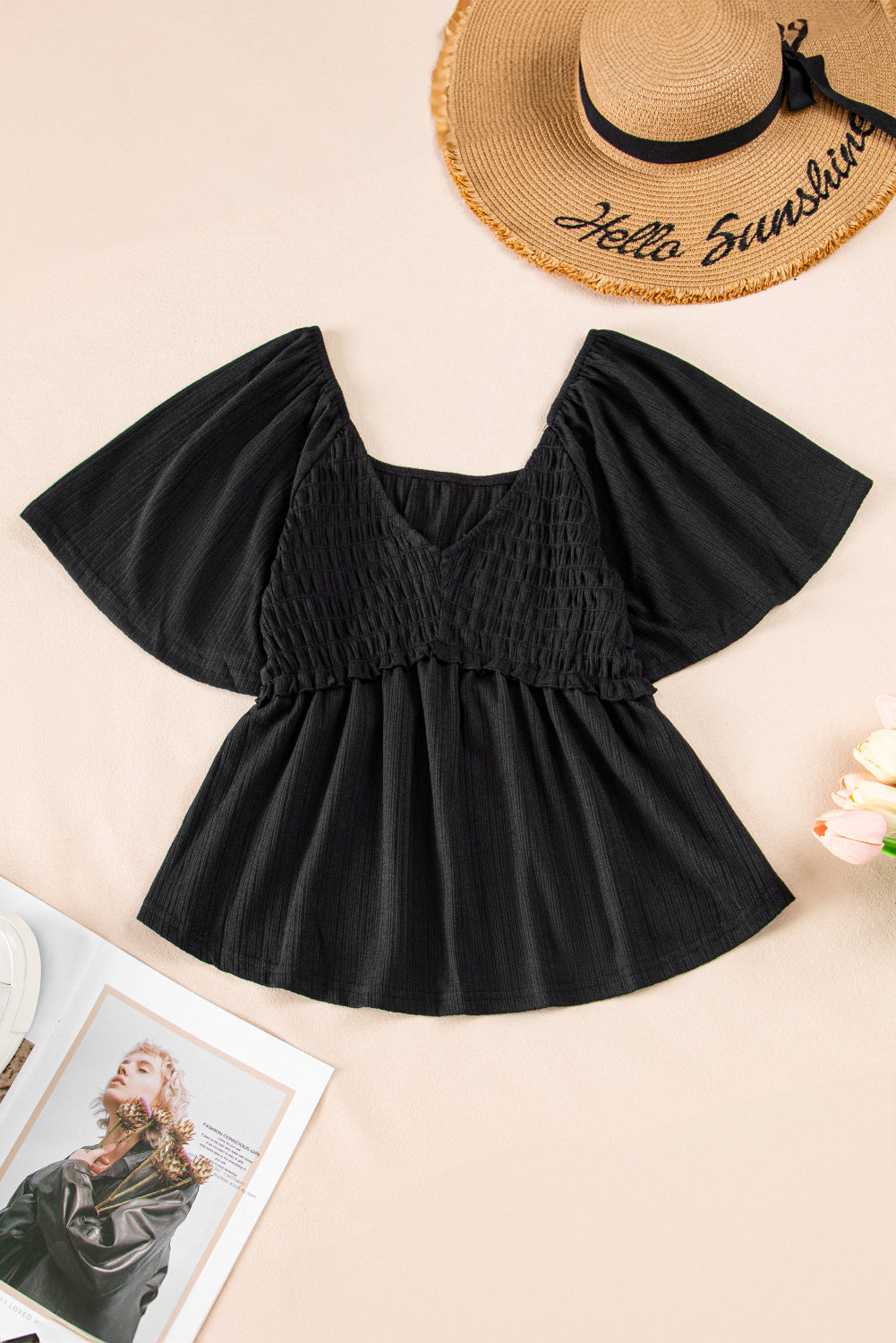 Black Shirred V Neck Short Flutter Sleeve Textured Blouse