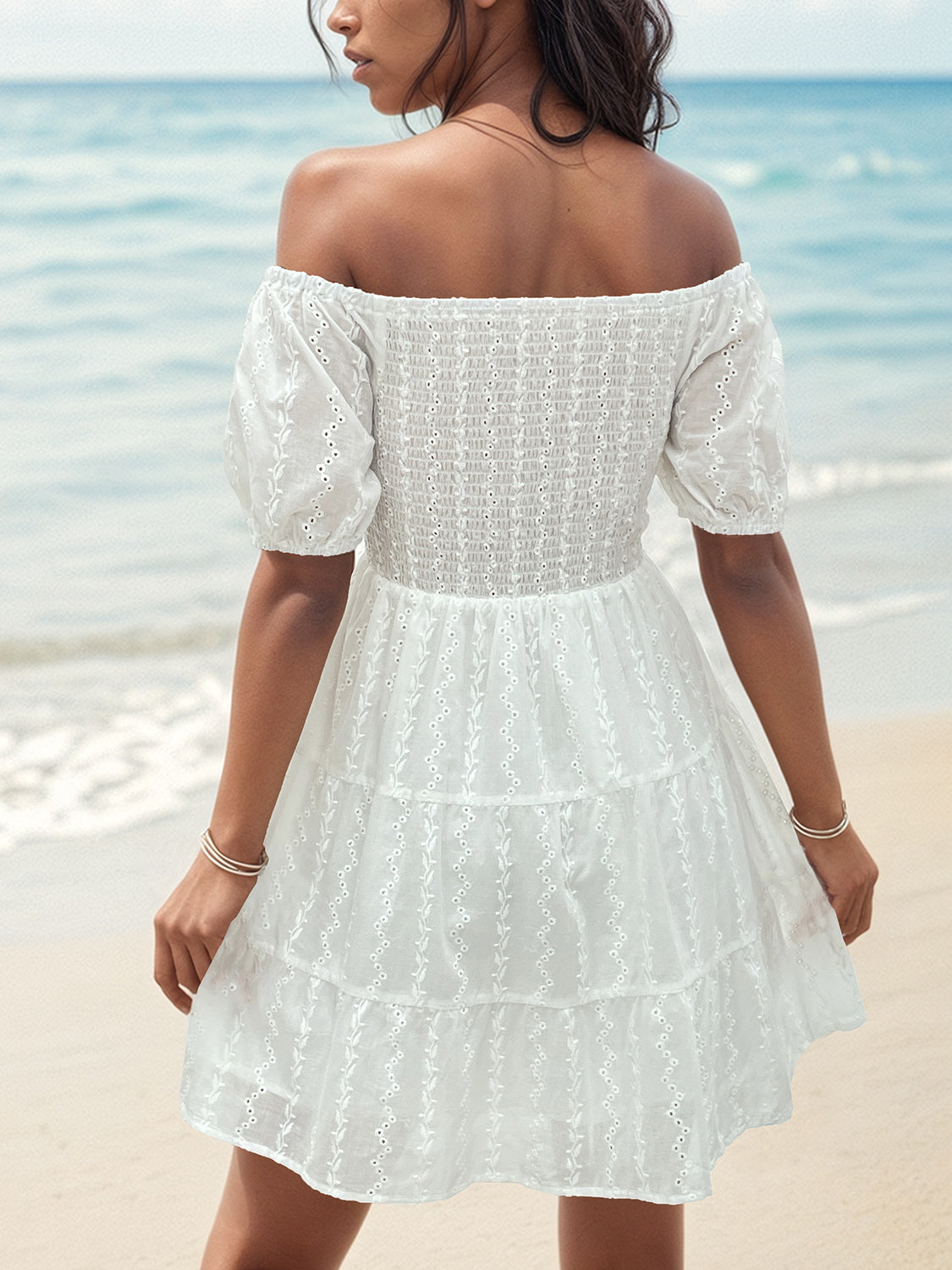 Smocked Eyelet Off-Shoulder Mini Dress