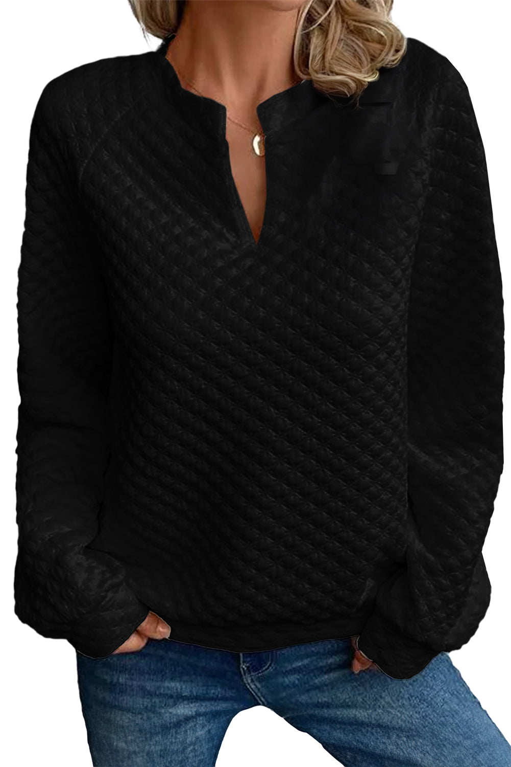 Black Split Neck Quilted Long Sleeve Top