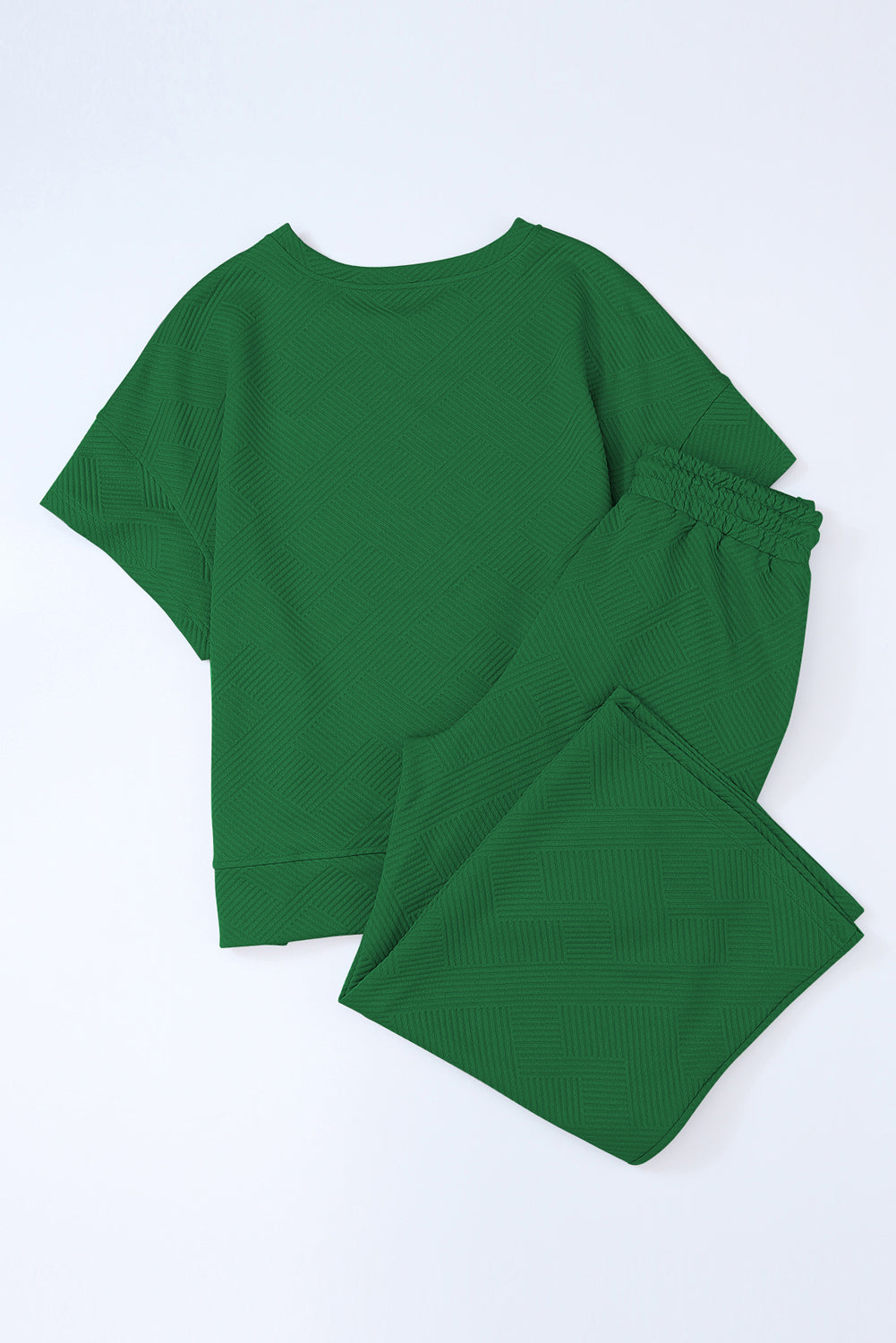 Dark Green Textured Loose Fit T Shirt and Pants Set