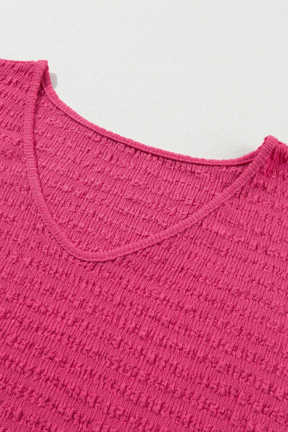 Bright Pink Textured Rolled Short Sleeve V Neck Blouse