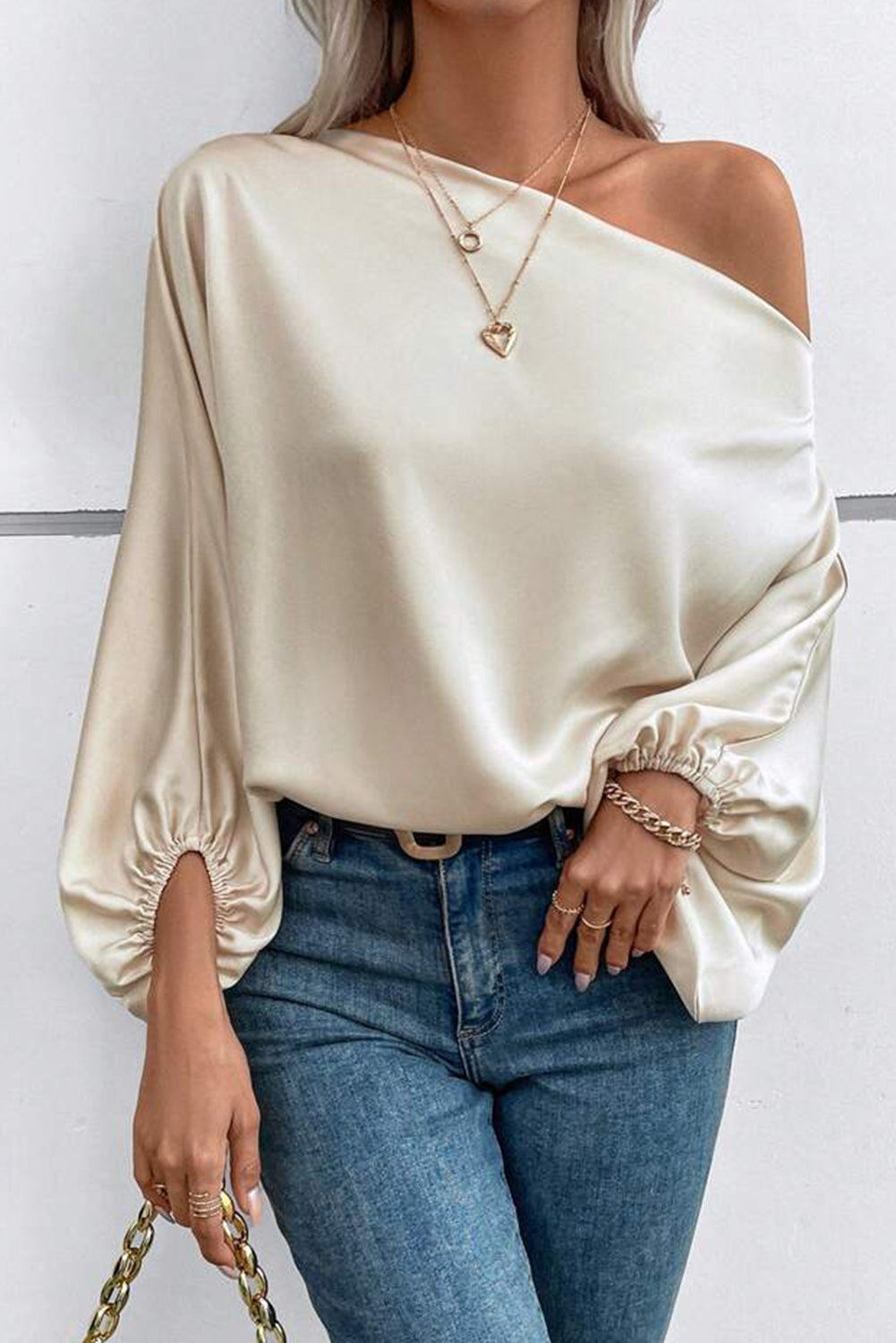 Apricot Balloon Sleeve Satin Blouse