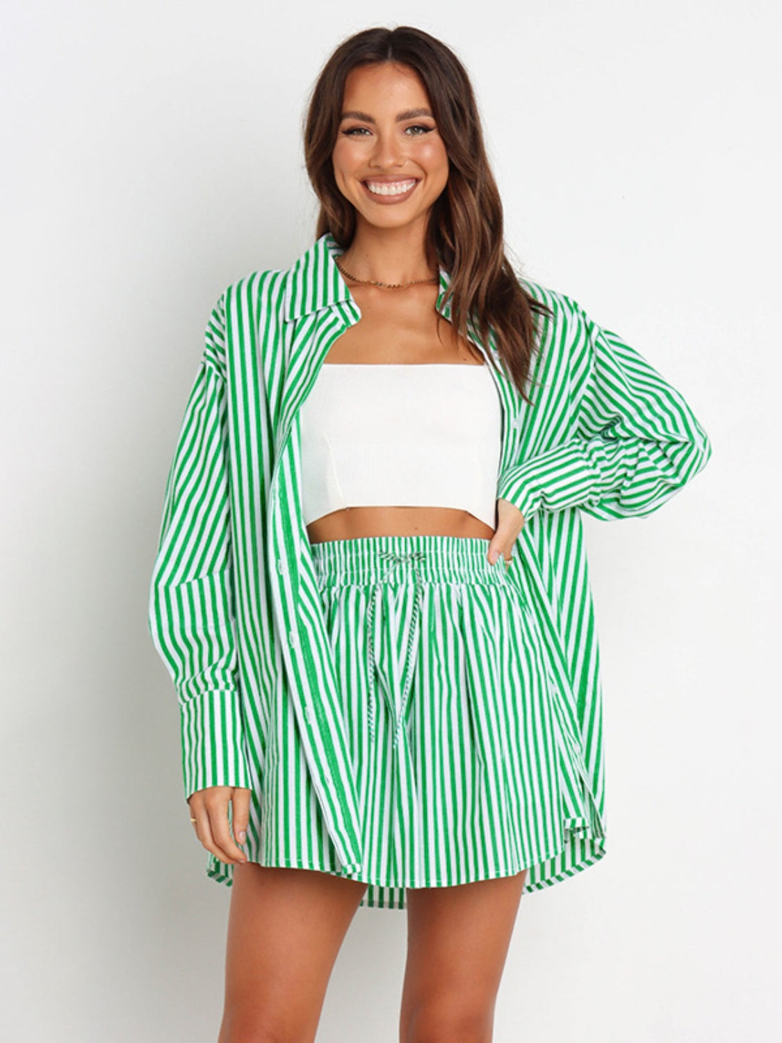 Striped Dropped Shoulder Shirt and Shorts Set