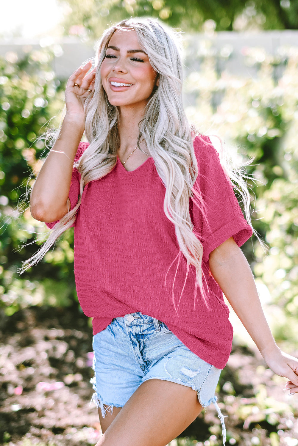 Bright Pink Textured Rolled Short Sleeve V Neck Blouse