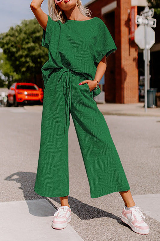 Dark Green Textured Loose Fit T Shirt and Pants Set