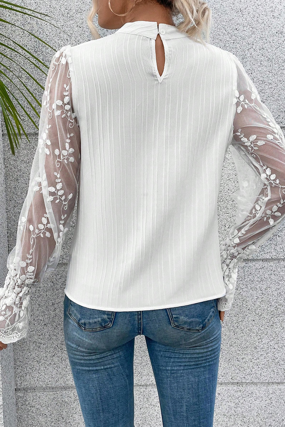 White Contrast Lace Sleeve Mock Neck Textured Blouse