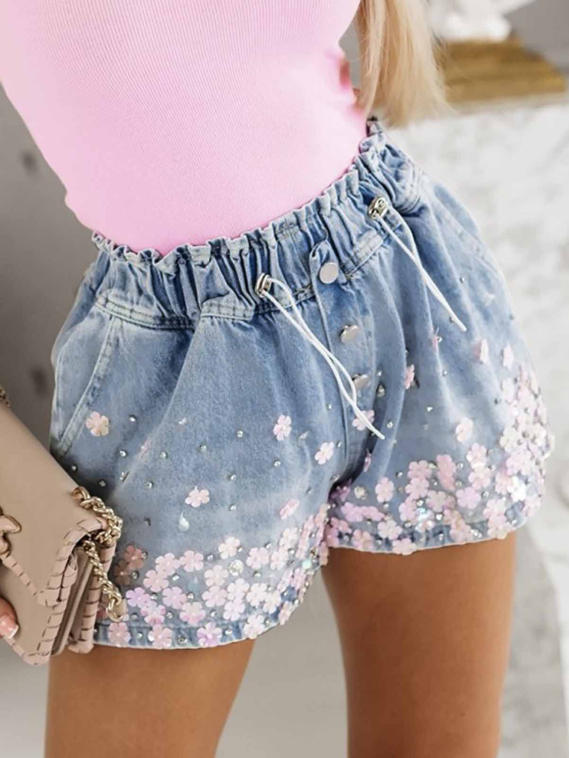 Rhinestone Drawstring Denim Shorts