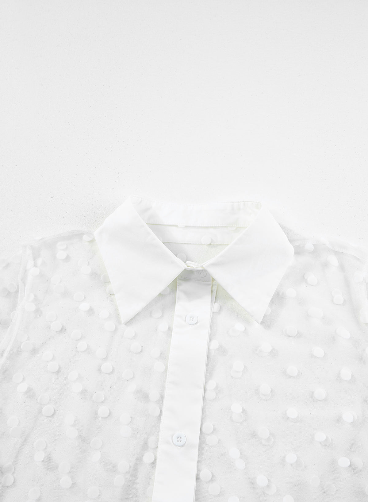 White Polka Dot Print Collared Buttoned Mesh Duster Kimono