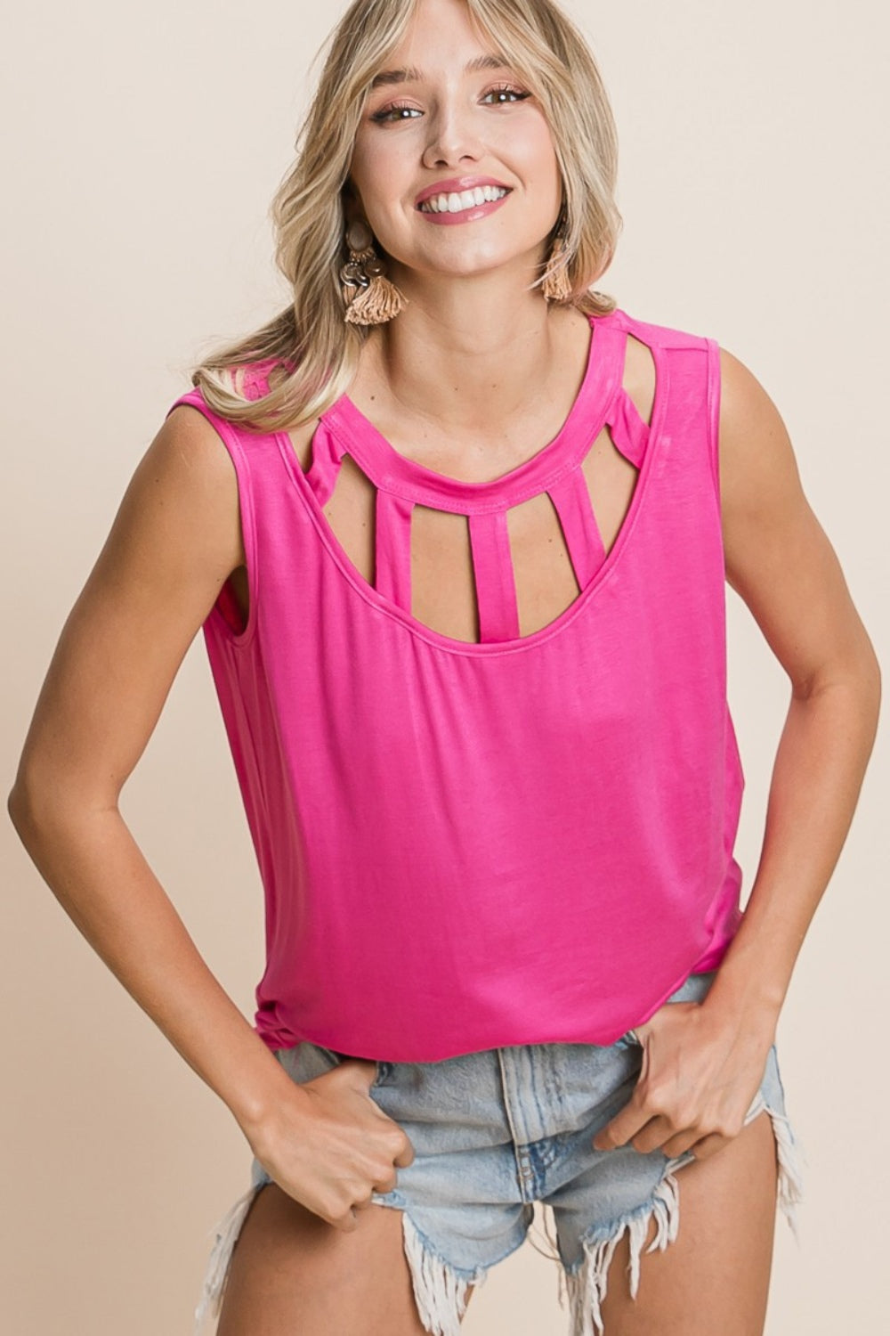 BiBi Cutout Round Neck Sleeveless Top