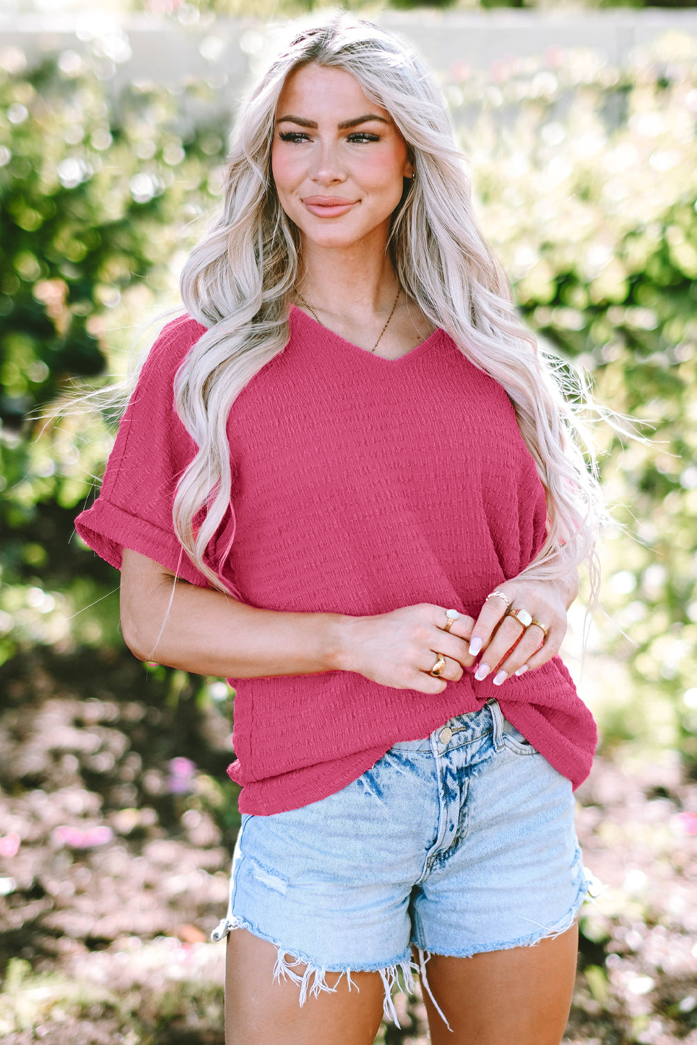 Bright Pink Textured Rolled Short Sleeve V Neck Blouse