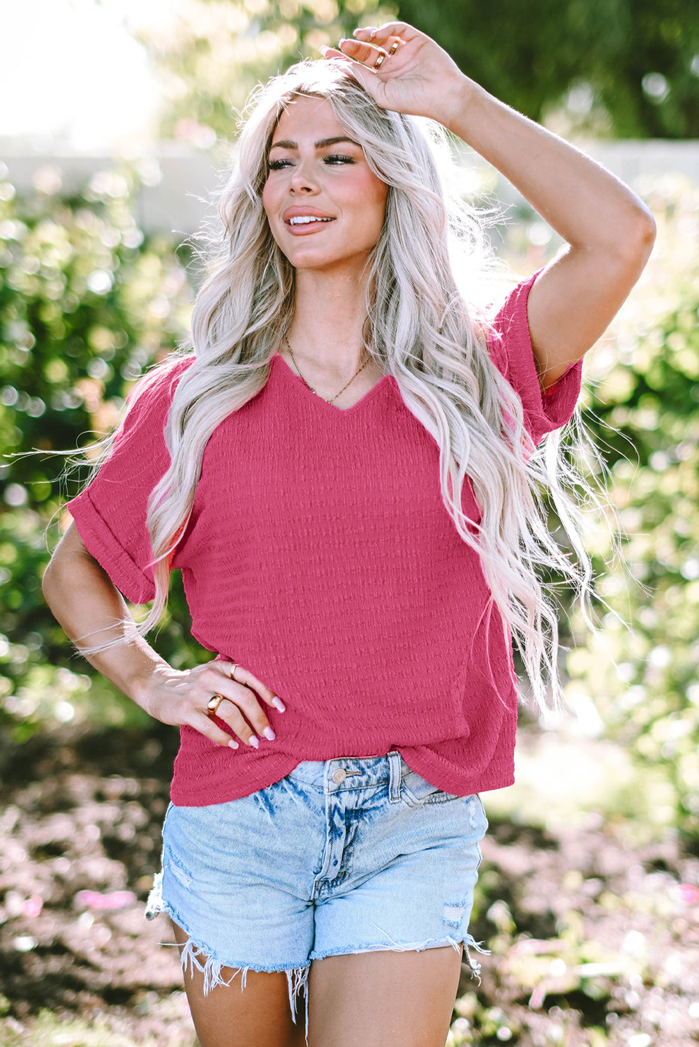 Bright Pink Textured Rolled Short Sleeve V Neck Blouse