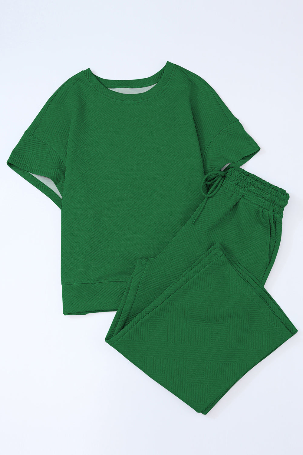 Dark Green Textured Loose Fit T Shirt and Pants Set