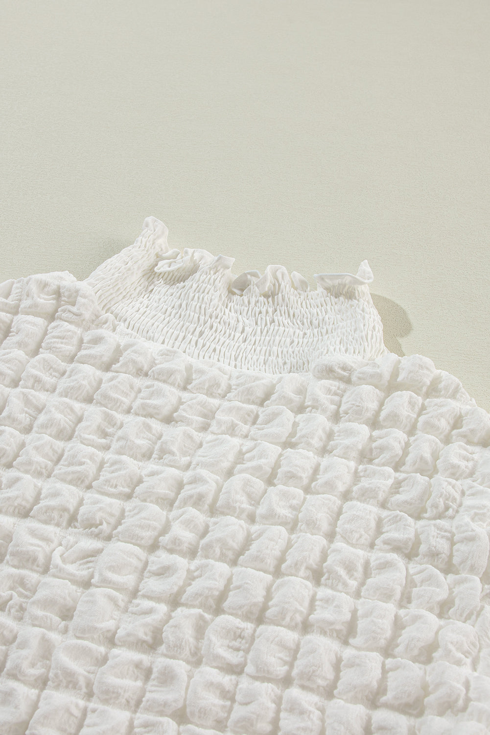 White Textured Smocked Mock Neck Puff Sleeve Blouse