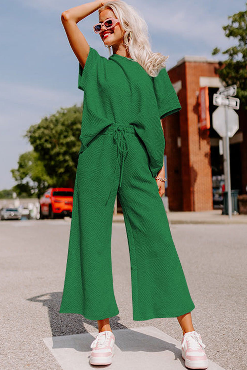 Dark Green Textured Loose Fit T Shirt and Pants Set