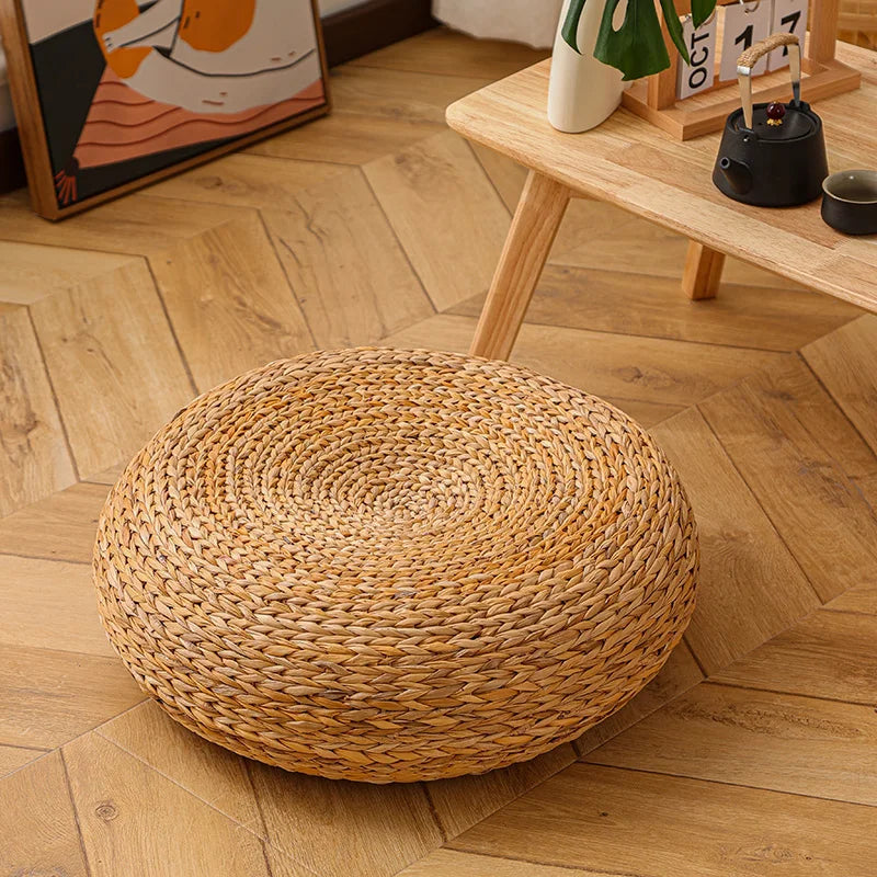 Handcrafted Eco-friendly Breathable Padded Knitted Straw Seat Cushion Banana Bark Pouf Ottoman Floor Seating Tatami Furniture