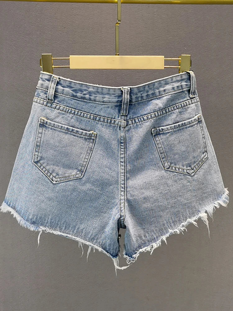 DEAT Women's Short Jeans High Waist Distressed Diamonds Tassel Loose Wide Leg Luxury Denim Shorts 2024 Spring Fashion 29L1776