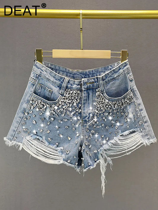 DEAT Women's Short Jeans High Waist Distressed Diamonds Tassel Loose Wide Leg Luxury Denim Shorts 2024 Spring Fashion 29L1776