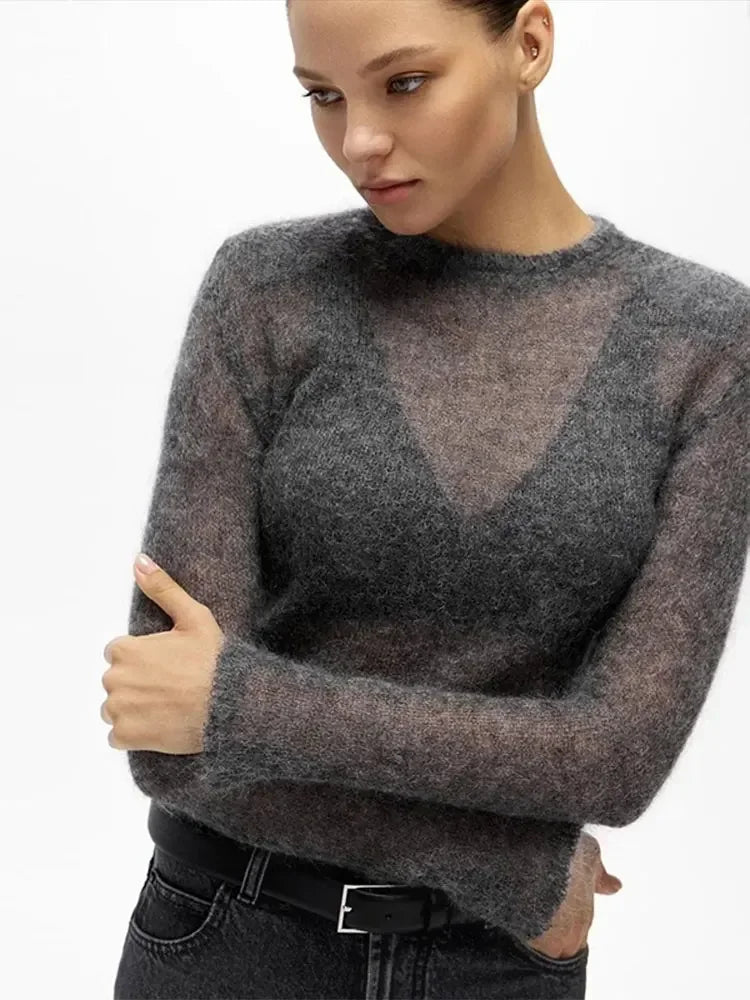 Transparent Knit Solid Women Sweater O-neck Long Sleeve Slim Perspective Female Sweaters 2024 Spring Elegant Knitwear Lady