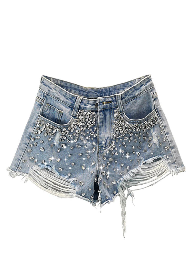 DEAT Women's Short Jeans High Waist Distressed Diamonds Tassel Loose Wide Leg Luxury Denim Shorts 2024 Spring Fashion 29L1776