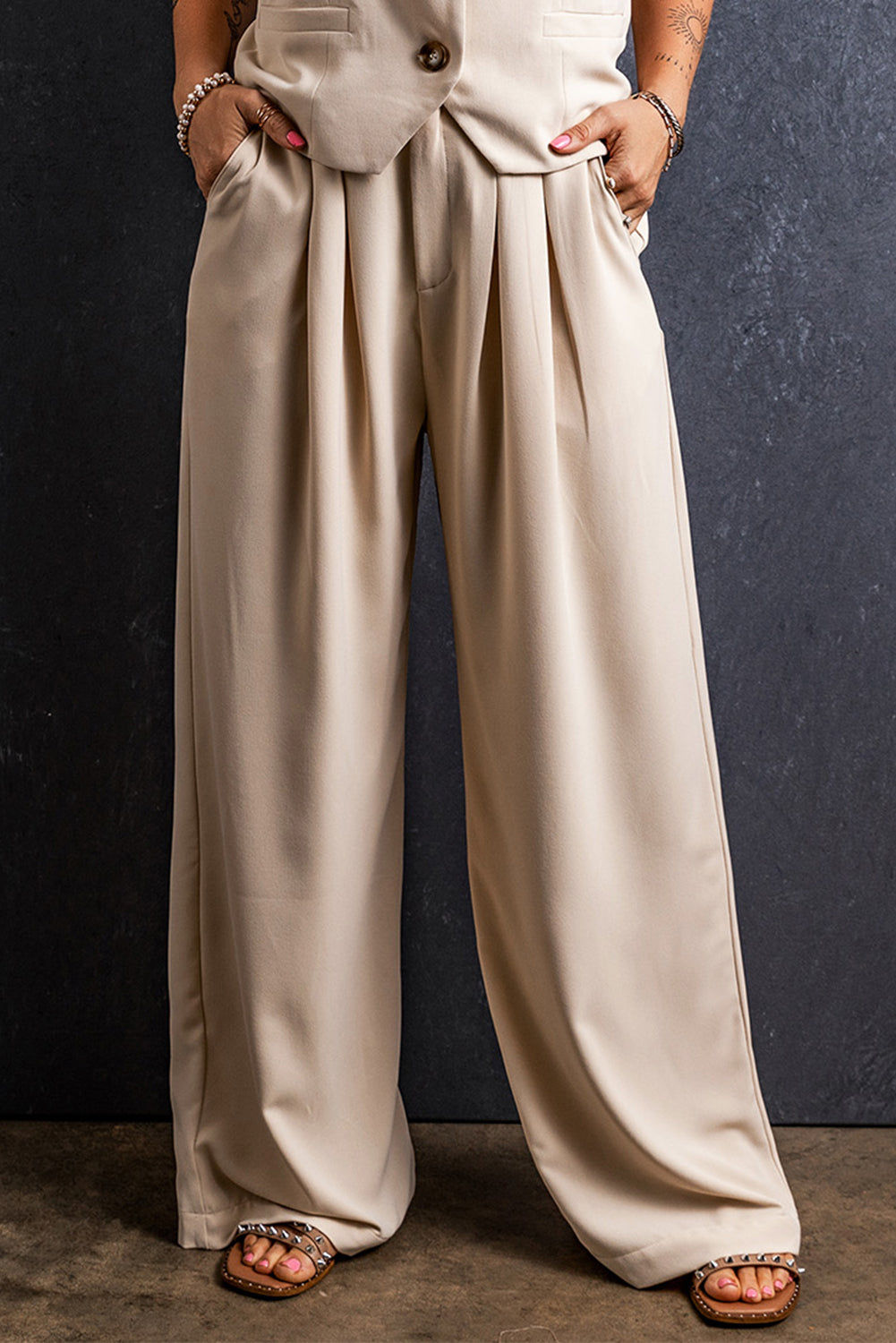 Ruched Wide Leg Pants with Pockets