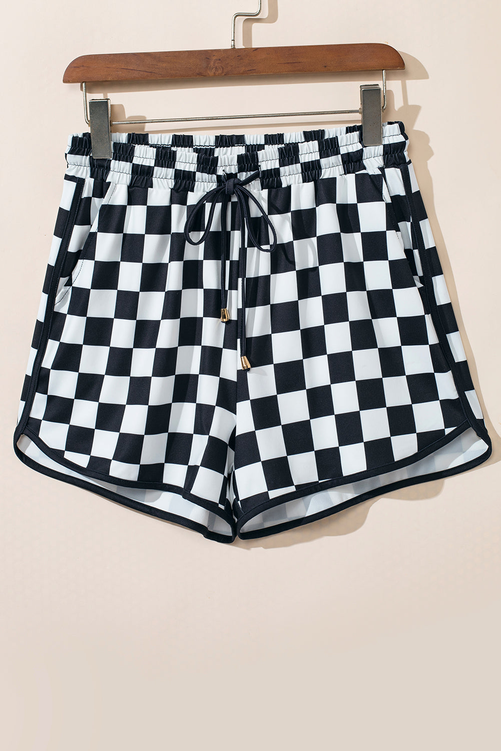 Black Checkered Drawstring Elastic Waist Casual Shorts