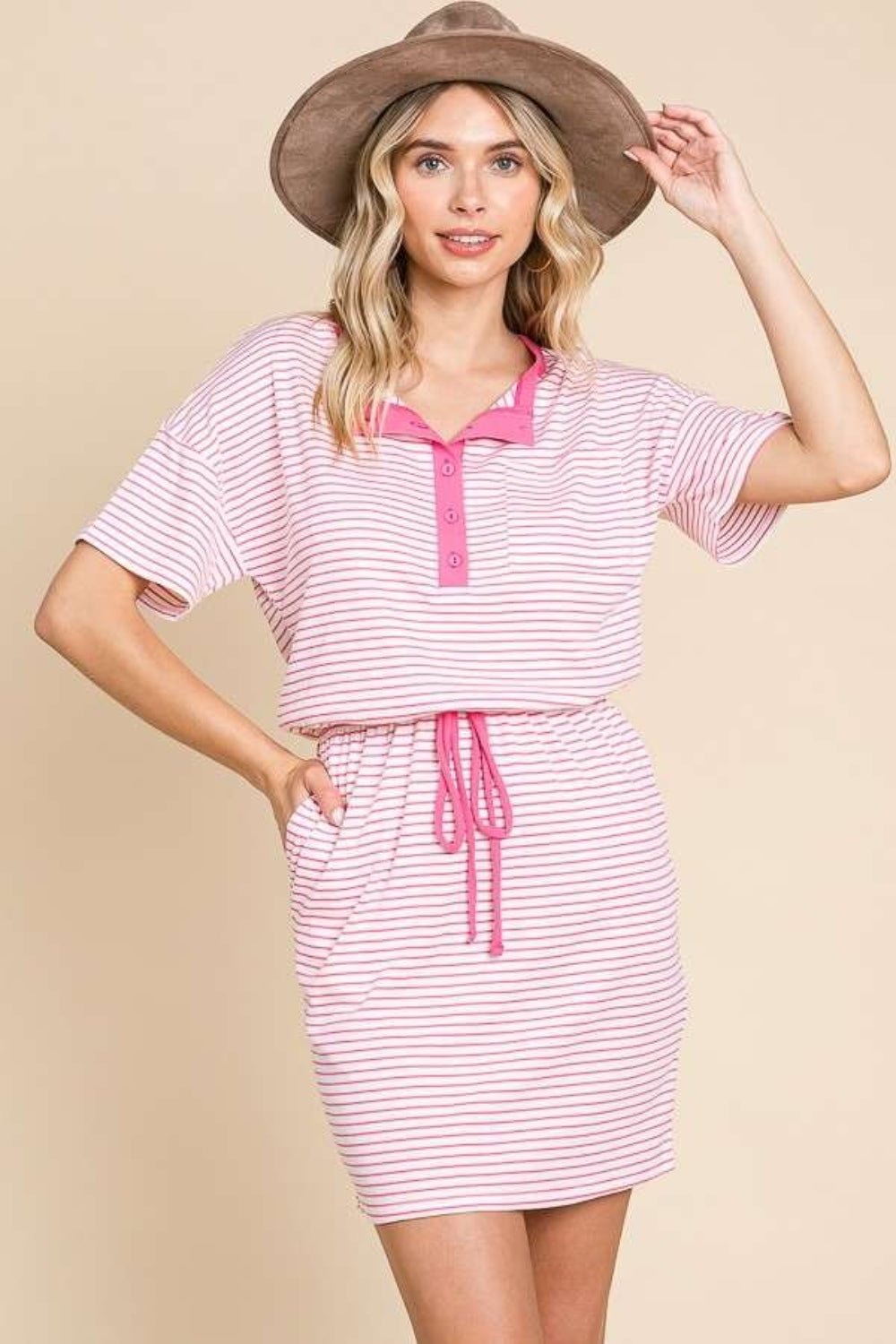 Culture Code Full Size Striped Short Sleeve Mini Dress with Pockets