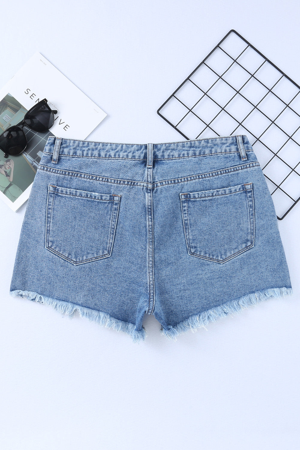 Sky Blue High Rise Crossover Waist Denim Shorts