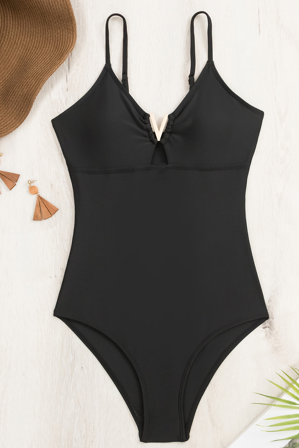 Black Spaghetti Straps Metal V One-Piece Swimsuit