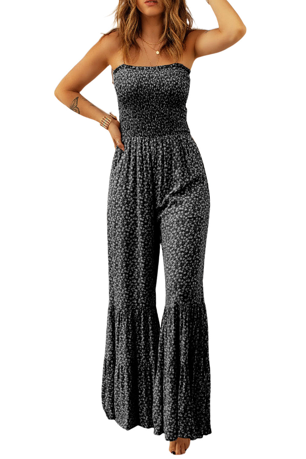 Black Khaki Thin Straps Smocked Bodice Wide Leg Floral Jumpsuit