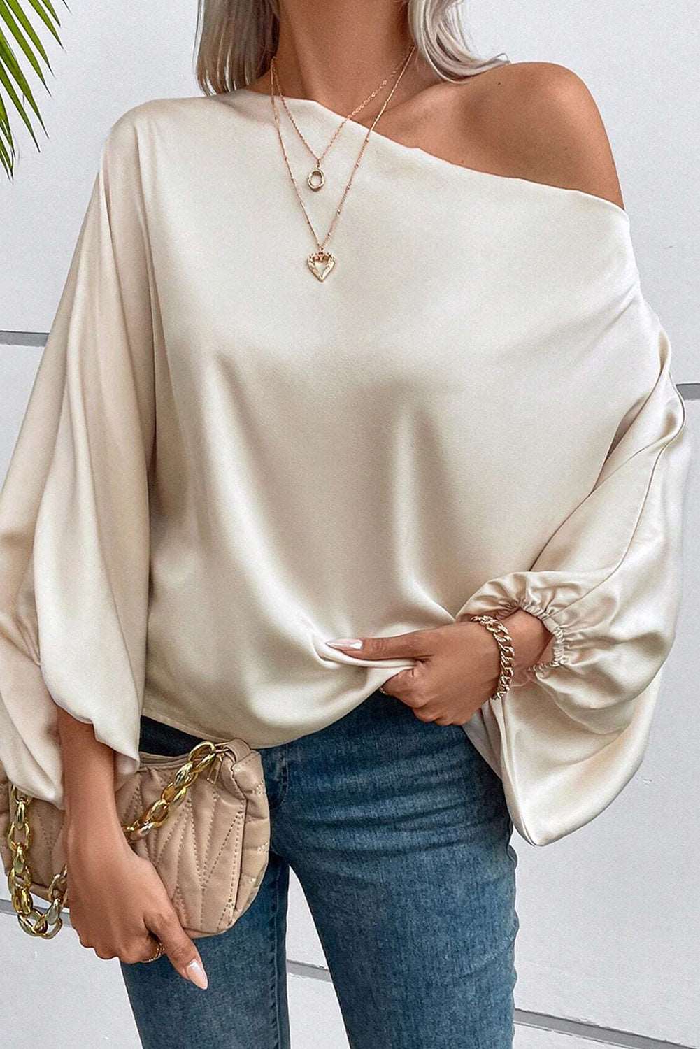 Apricot Balloon Sleeve Satin Blouse