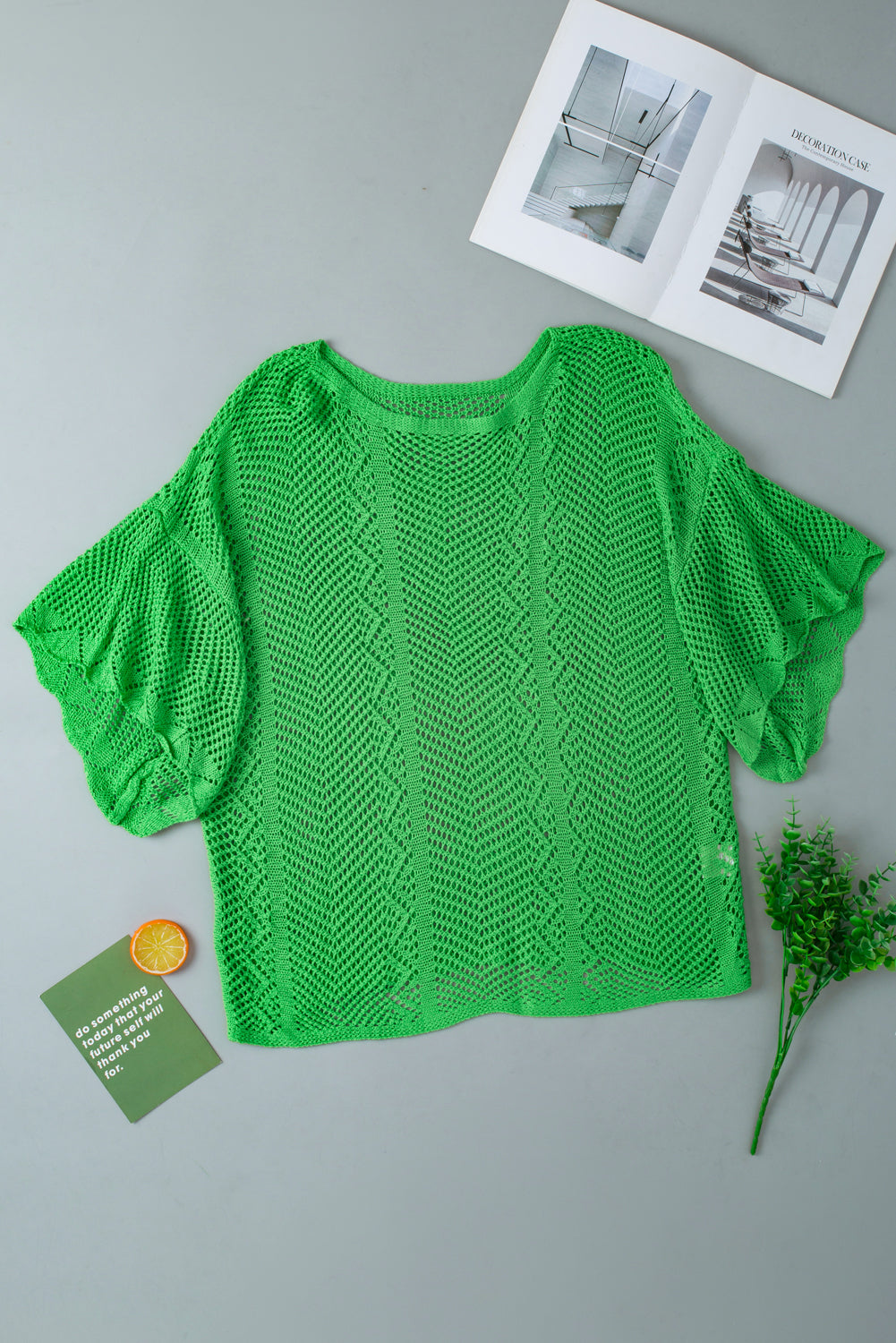 Green Pointelle Knit Scallop Edge Short Sleeve Top