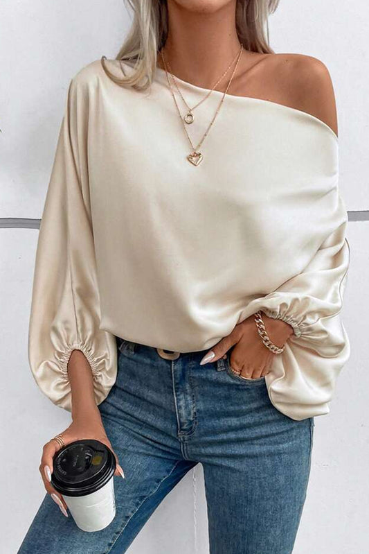 Apricot Balloon Sleeve Satin Blouse