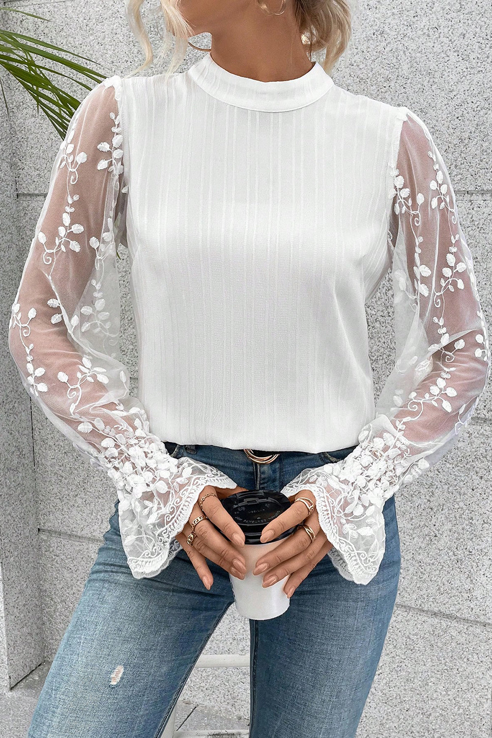 White Contrast Lace Sleeve Mock Neck Textured Blouse