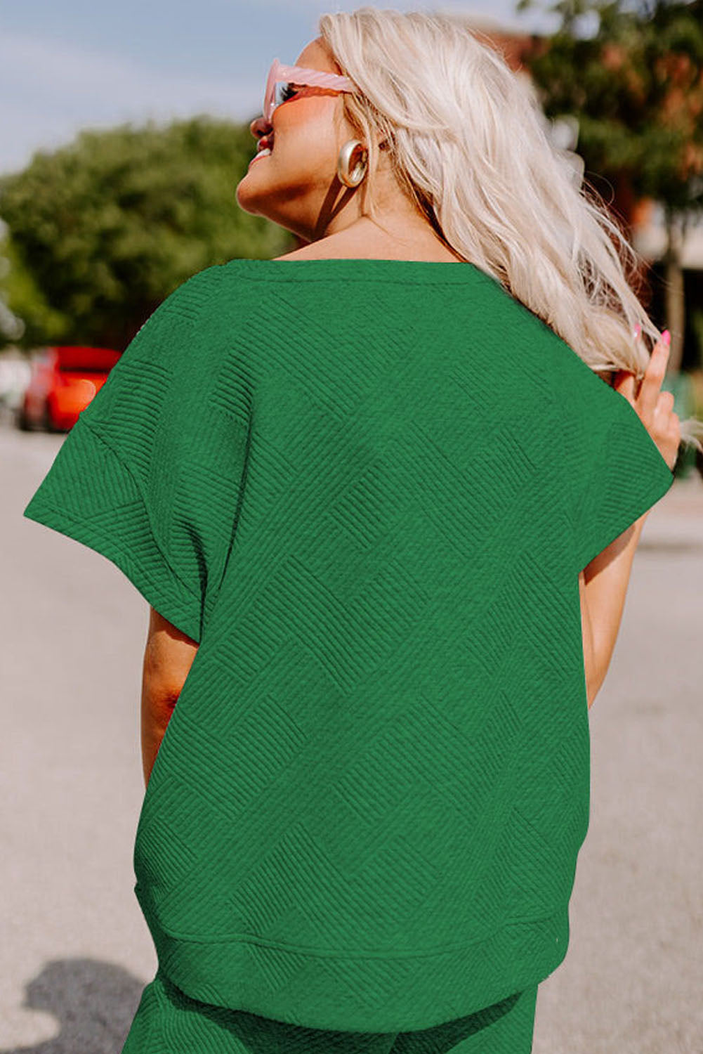 Dark Green Textured Loose Fit T Shirt and Pants Set