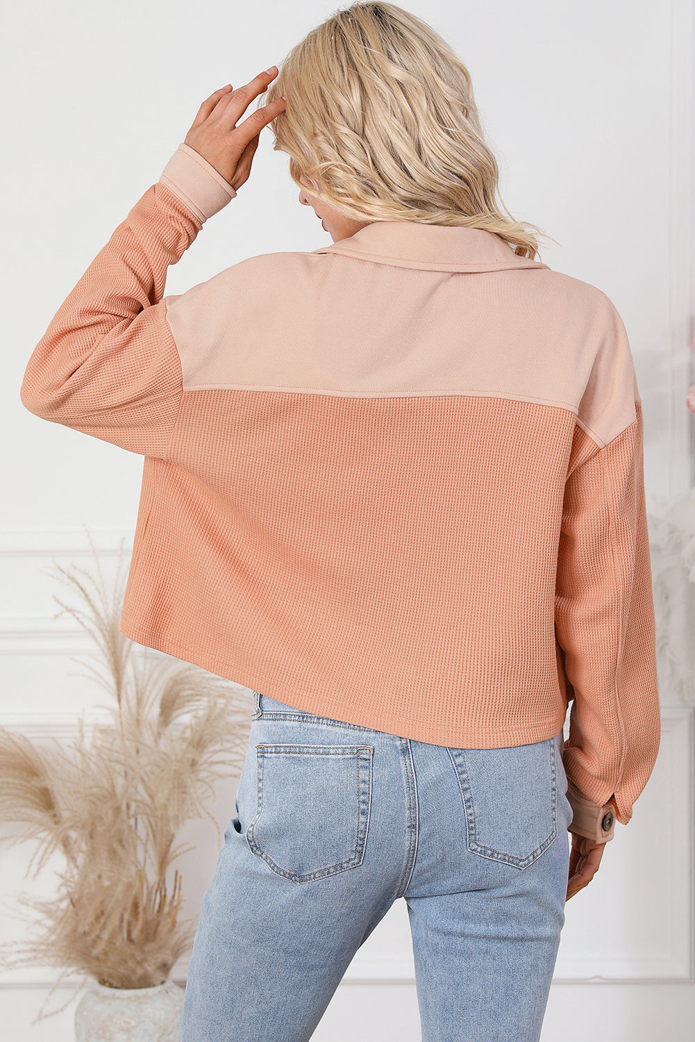 Orange Textured Waffle Knit Chest Pockets Cropped Shacket