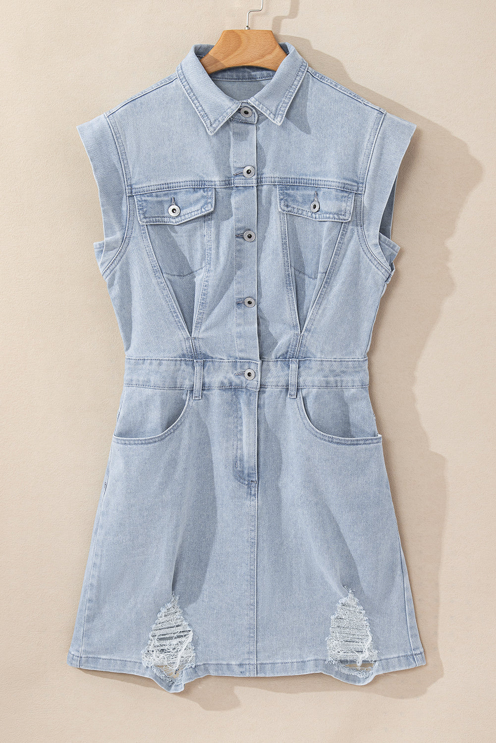 Light Blue Acid Wash Flap Pockets Frayed Denim Dress