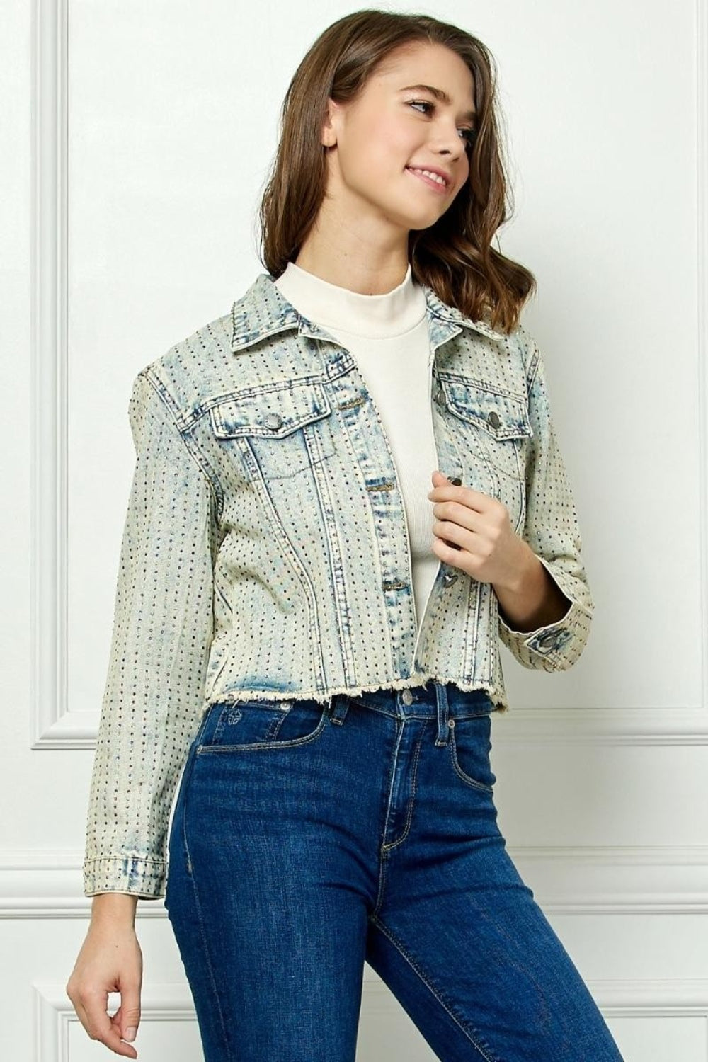 Veveret Multi Color Stripe Rhinestone Raw Hem Denim Jacket