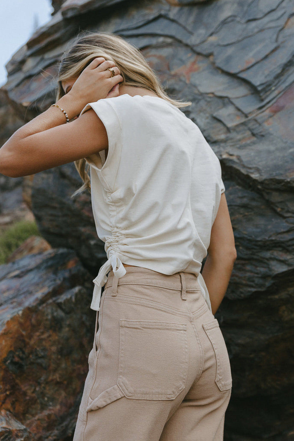 White Side tie Short Sleeve Crew Neck Top