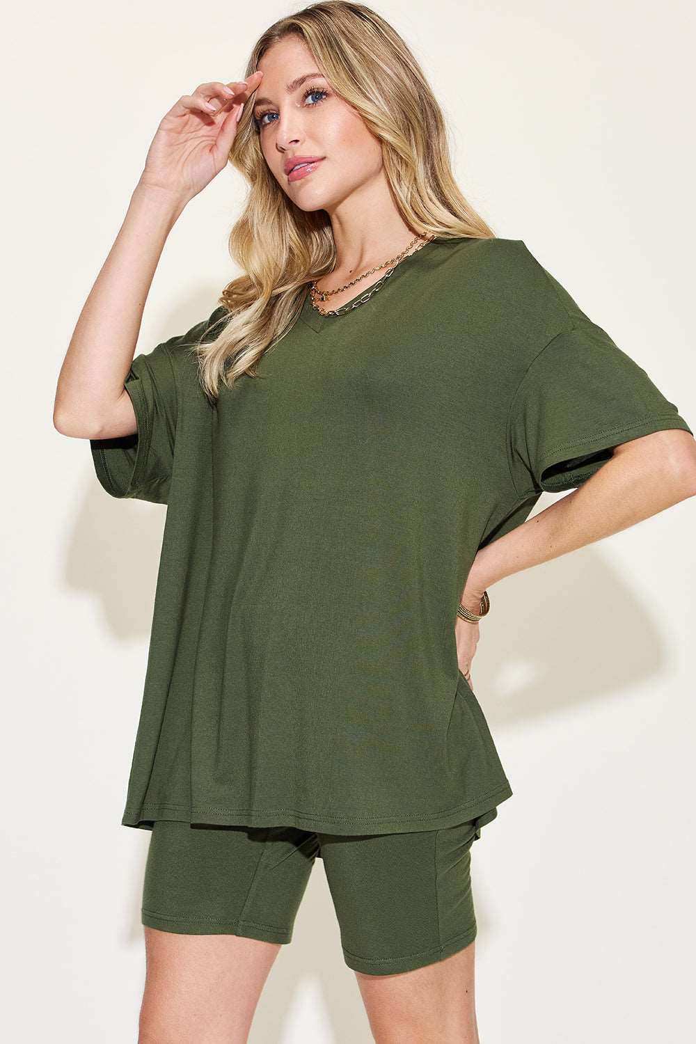 Basic Bae Full Size V-Neck Drop Shoulder T-Shirt and Shorts Set