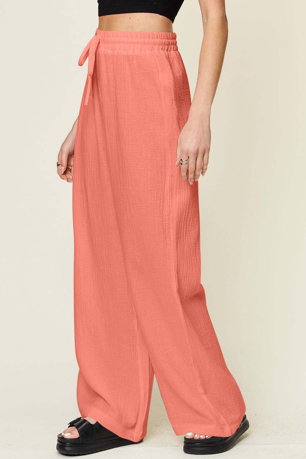 Double Take Full Size Texture Drawstring Wide Leg Pants