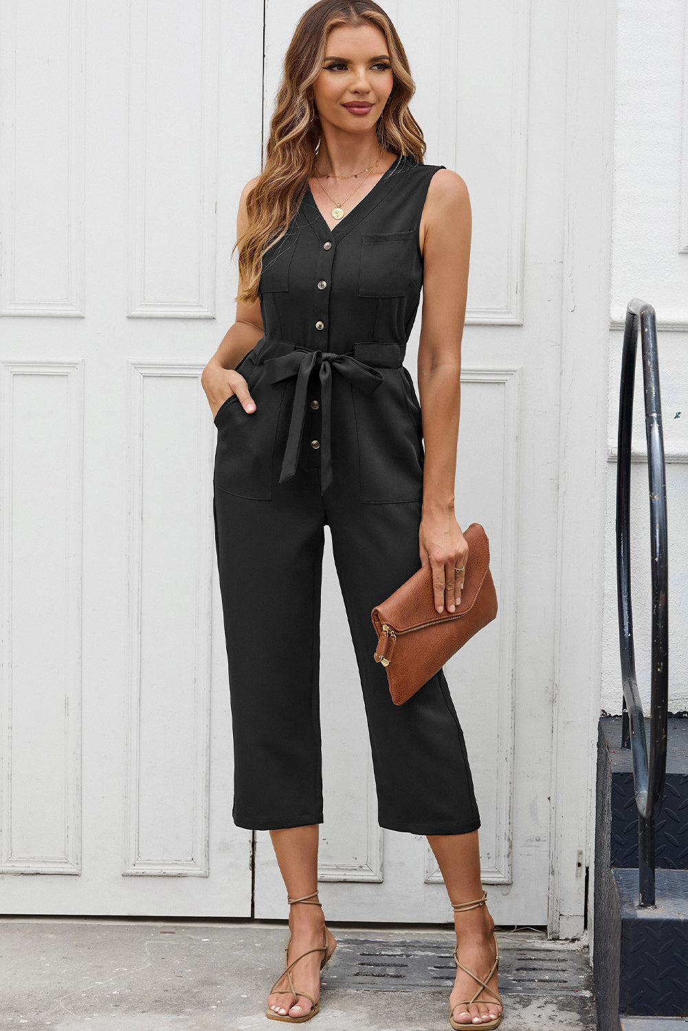 Black Buttoned Sleeveless Cropped Jumpsuit with Sash