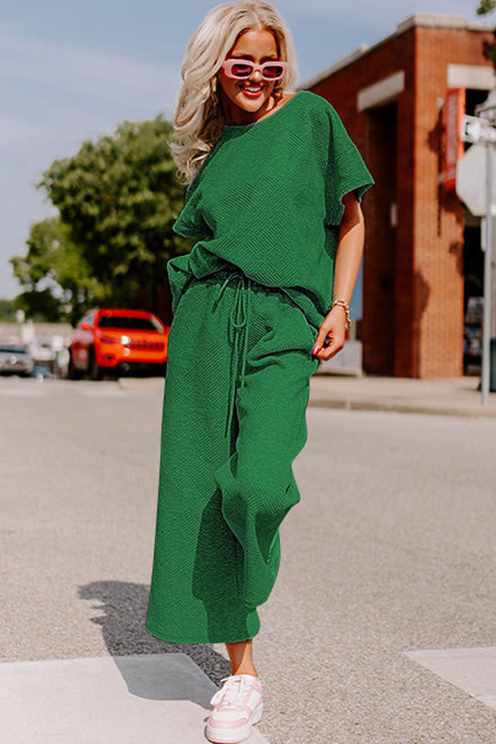 Dark Green Textured Loose Fit T Shirt and Pants Set