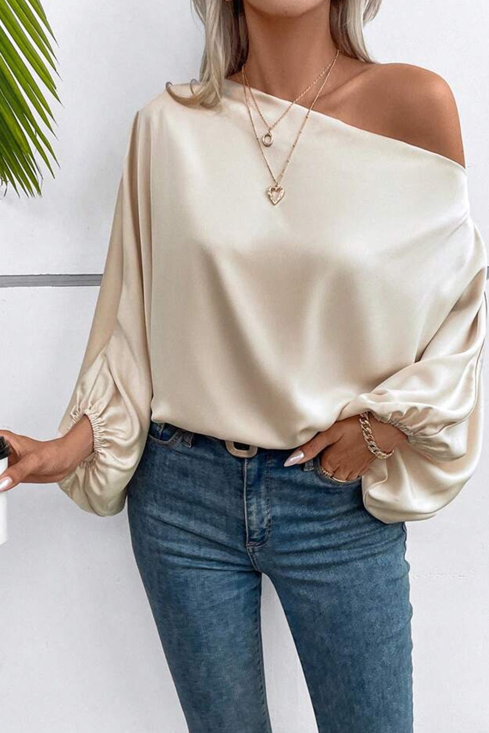 Apricot Balloon Sleeve Satin Blouse