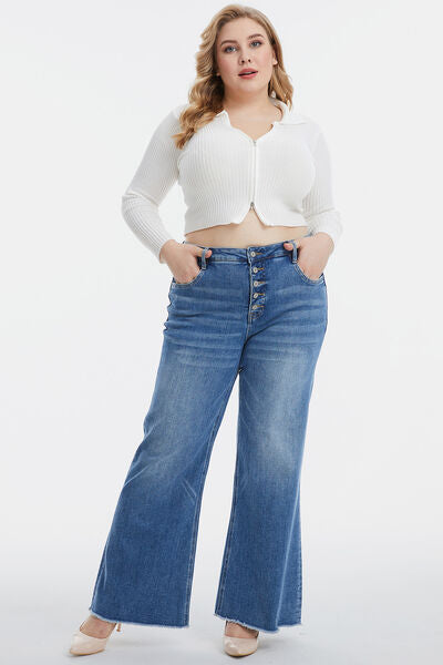 High Waist Button-Fly Raw Hem Wide Leg Jeans