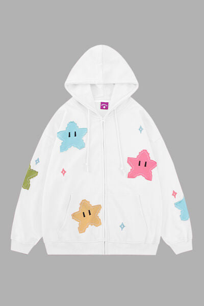 Star Zip Up Dropped Shoulder Hoodie