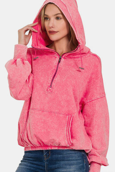 Zenana Half Zip Dropped Shoulder Hoodie