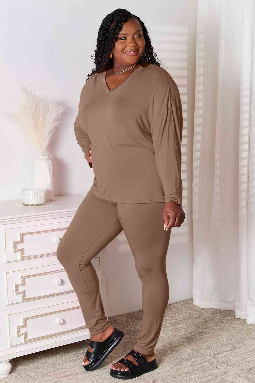 DND V-Neck Soft Rayon Long Sleeve Top and Pants Lounge Set